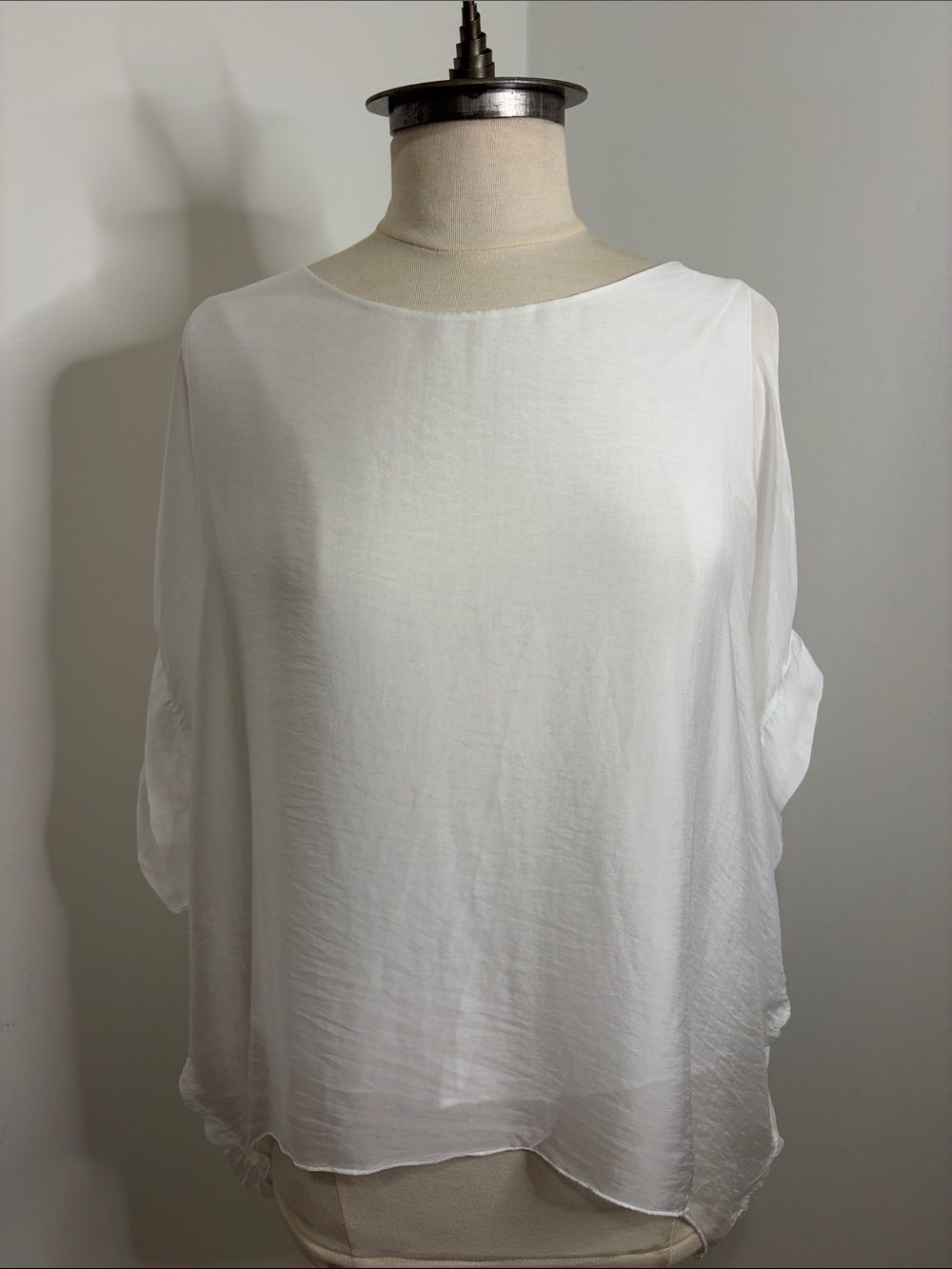 100% Seta Silk Layered Dolman Sleeve Blouse White Elegant Made in Italy